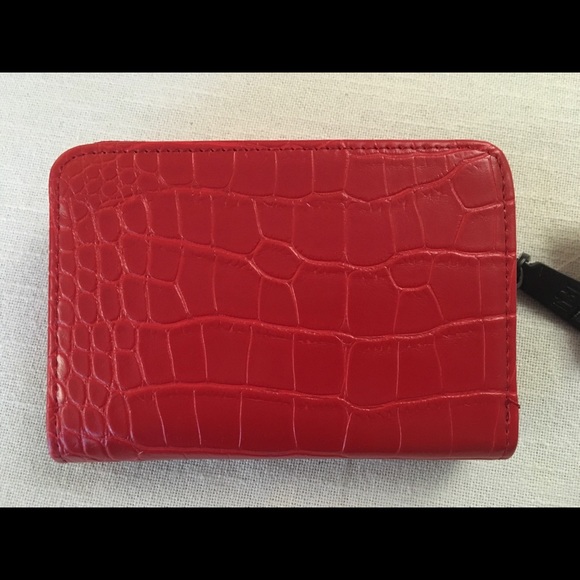 Badgley Mischka Small Red Zip Coin ID Card Wallet Vegan Croco Leather Black Logo - Picture 3 of 11